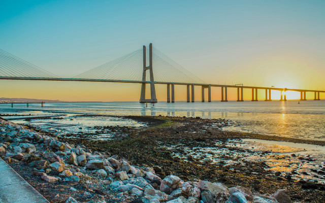 Bridge water sunset clouds land free wallpaper - medium preview image