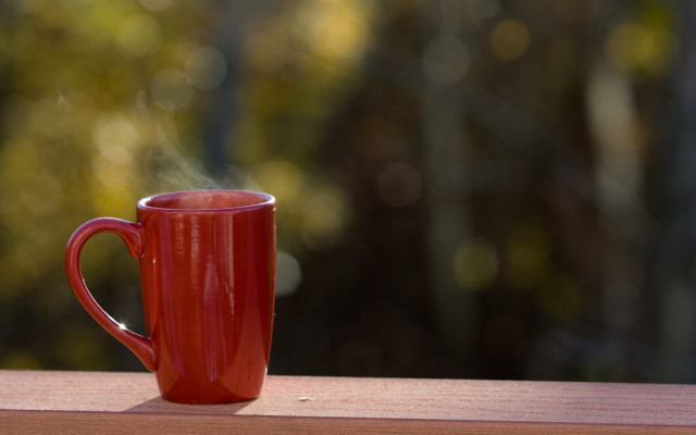 Red coffee cup wooden table free wallpaper - medium preview image