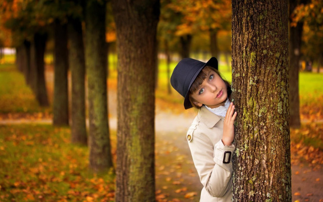 Girl leaning against tree autumn free wallpaper - medium preview image