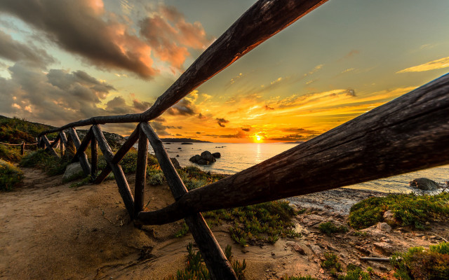 Wooden railing beach sunset clouds free wallpaper - medium preview image