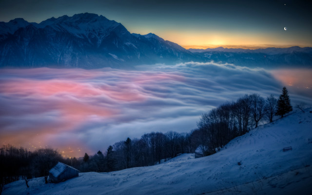 Mountain clouds house moon pink free wallpaper - medium preview image