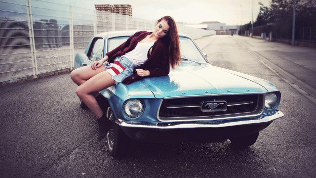 Woman blue mustang road city free wallpaper for desktop - medium preview image
