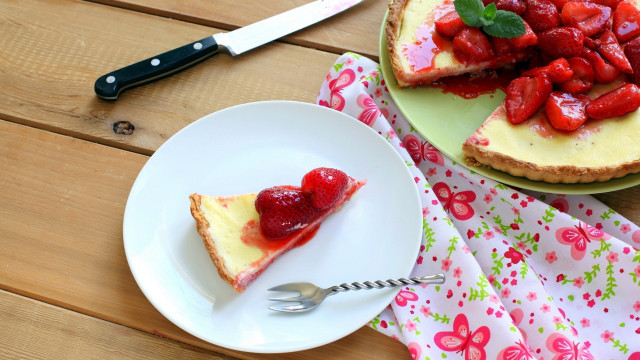 Cheesecake strawberries fork plate pastel free wallpaper - medium preview image