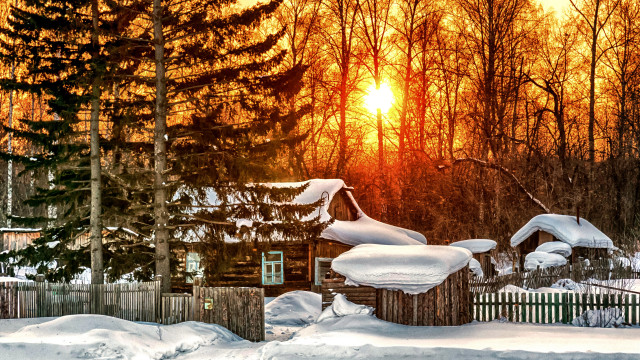 Snowy cabin urban mountain sunset free wallpaper - medium preview image