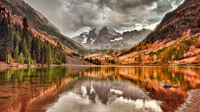 Mountain lake trees clouds bridge free wallpaper - medium preview image