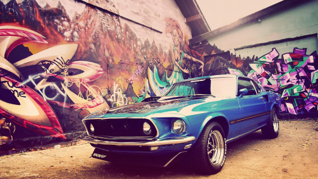 Blue mustang graffiti wall vintage free wallpaper - medium preview image