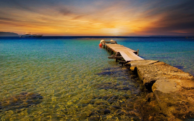 Sunset dock boat lake beach free wallpaper - medium preview image