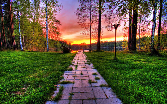 Sunset path grass light pole free wallpaper - medium preview image