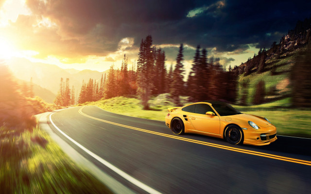Yellow sports car road sunset free wallpaper - medium preview image