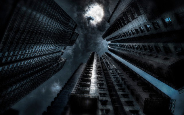 Brutalist architecture cityscape moon night free wallpaper - medium preview image