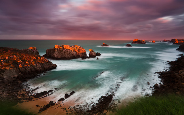 Sunset ocean waves rocks pink free wallpaper - medium preview image