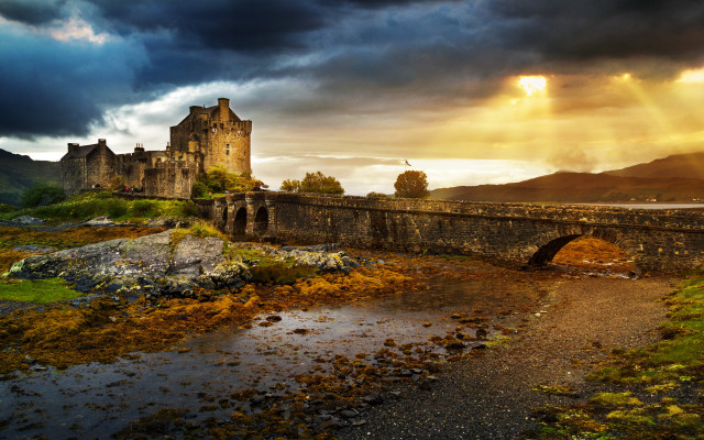 Castle bridge river field mountain free wallpaper - medium preview image