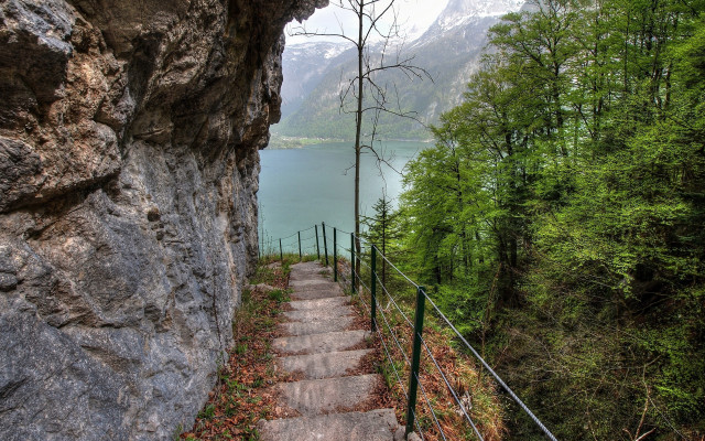 Stone path lake trees mountains free wallpaper - medium preview image