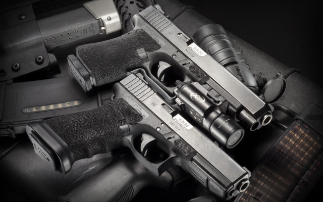 Guns guncase table blackwhite precisionism free wallpaper - medium preview image