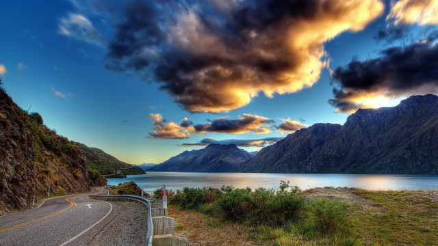 Mountain lake road cloudy sky free wallpaper - medium preview image