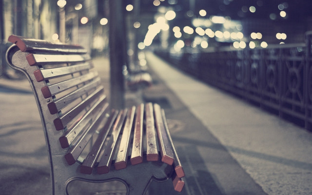 Bench sidewalk lights fence tiltshift free wallpaper - medium preview image