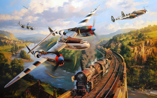 Train planes river mountains precisionism free wallpaper - medium preview image