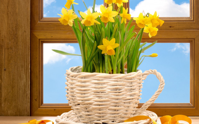 Flower basket window sky mountains free wallpaper - medium preview image