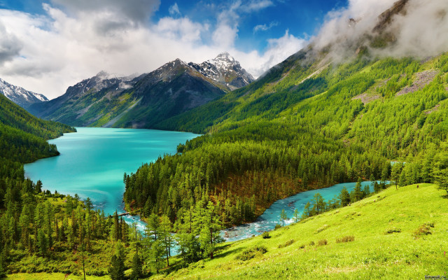 Mountain lake green trees cloudy free wallpaper - medium preview image