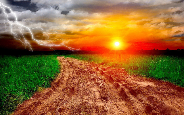 Dirt road field lightning red free wallpaper - medium preview image
