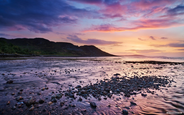 Sunset rocky beach mountain background free wallpaper - medium preview image