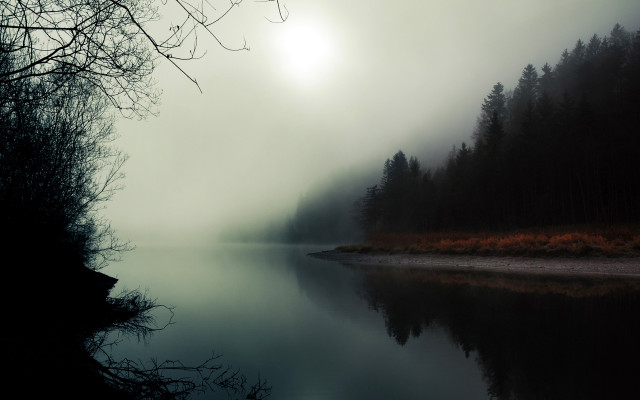 Foggy lake trees boat moon free wallpaper - medium preview image