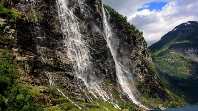 Waterfall mountain lake boat nature free wallpaper - medium preview image