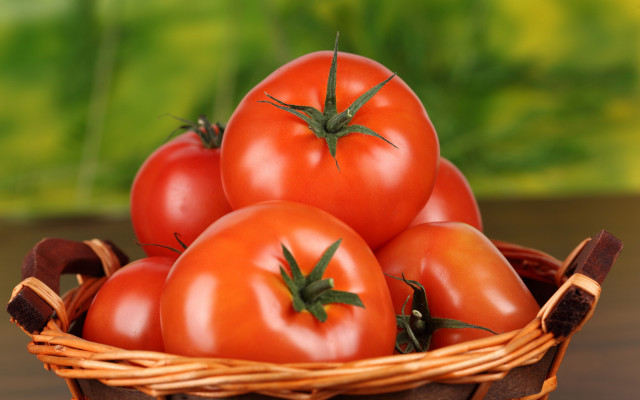 Basket tomatoes green background shiny free wallpaper - medium preview image