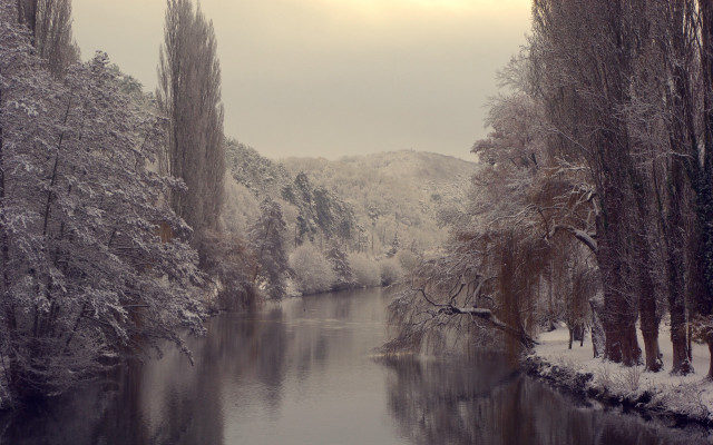 Snowy river forest hill impressionist free wallpaper - medium preview image