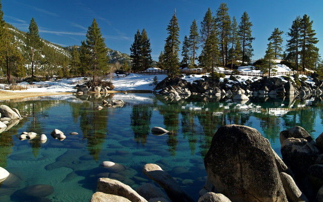 Lake rocks snow mountains pine free wallpaper - medium preview image