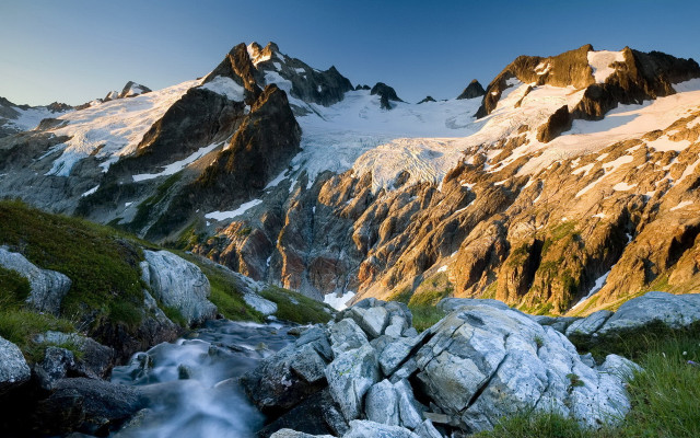 Mountain stream grassy rocks nature free wallpaper - medium preview image