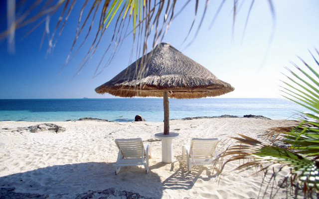 Beach umbrella chairs person water free wallpaper - medium preview image