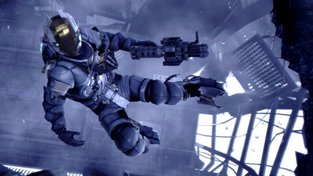 Space suit flying weapon cityscape free wallpaper - medium preview image