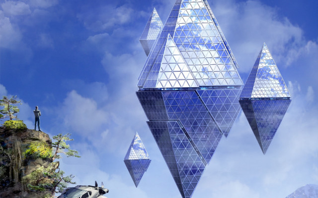 Futuristic city building car man free wallpaper - medium preview image