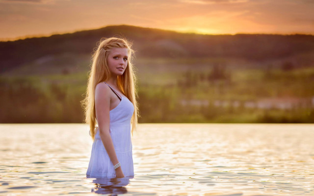 Woman water sunset blonde dress free wallpaper - medium preview image