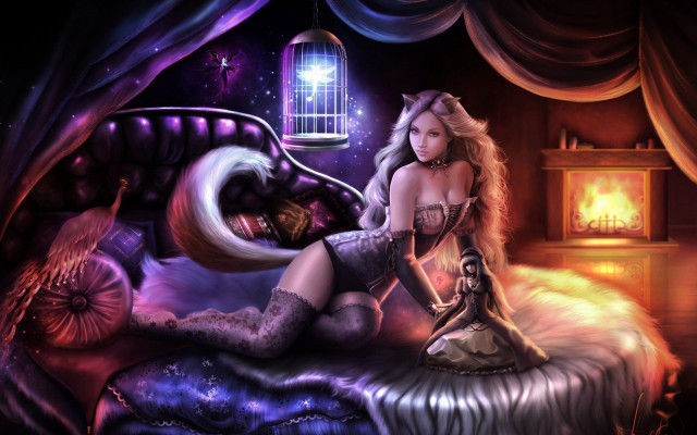Woman birdcage fantasy bed fox free wallpaper - medium preview image