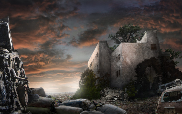 Destroyed building car garbage dark free wallpaper - medium preview image