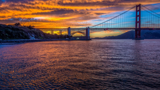 Sunset bridge water mountains city free wallpaper - medium preview image