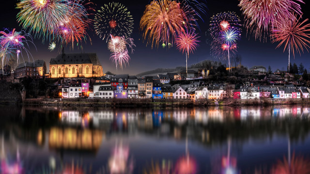 City fireworks lake mystical colors free wallpaper - medium preview image