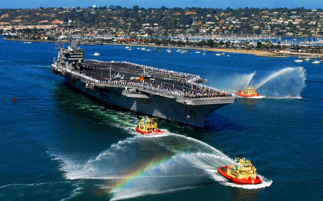 Ship rainbow cityscape beach mountain free wallpaper - medium preview image