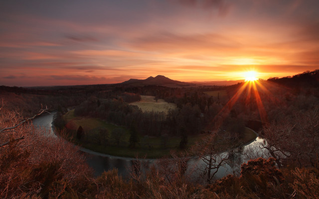 Sunset river forested horizon mountain free wallpaper - medium preview image