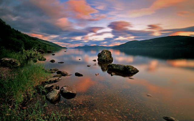 Lake rocks grass sunset clouds free wallpaper - medium preview image