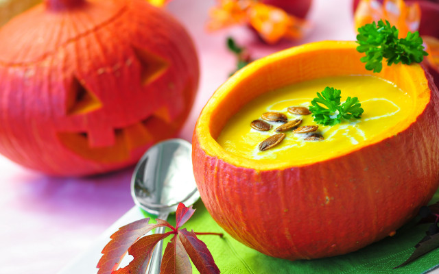 Pumpkin soup bowl spoon napkin free wallpaper - medium preview image