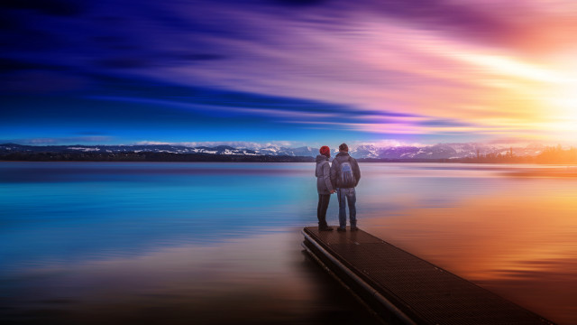 Pier sunset boat reflection beach free wallpaper - medium preview image