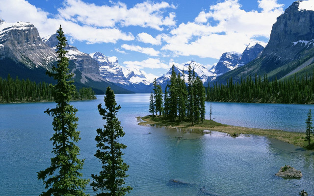 Lake mountains trees island fish free wallpaper - medium preview image
