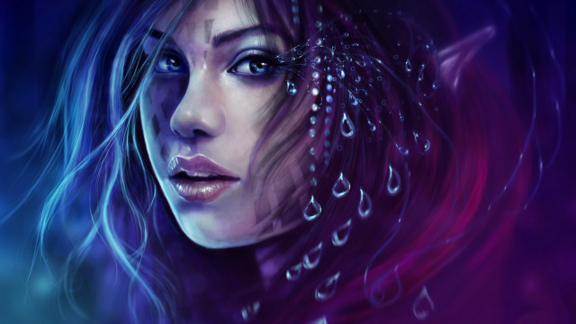 Woman blueeyes purplebackground waterdrops windblown free wallpaper - medium preview image
