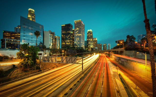 City skyline freeway night lights free wallpaper - medium preview image