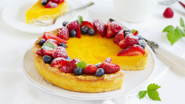 Fruit cake coffee plate fork free wallpaper - medium preview image