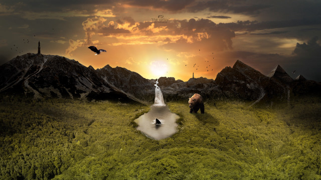 Animals lake mountains green field free wallpaper - medium preview image