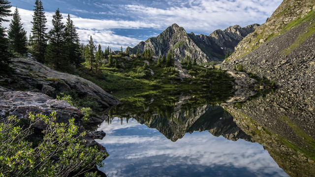 Mountain lake reflections trees clouds free wallpaper - medium preview image